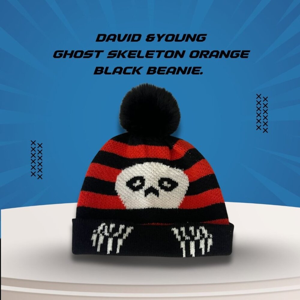 David & Young Ghost Skeleton Beanie With Pom Pom - Orange & Black Striped Knit D
